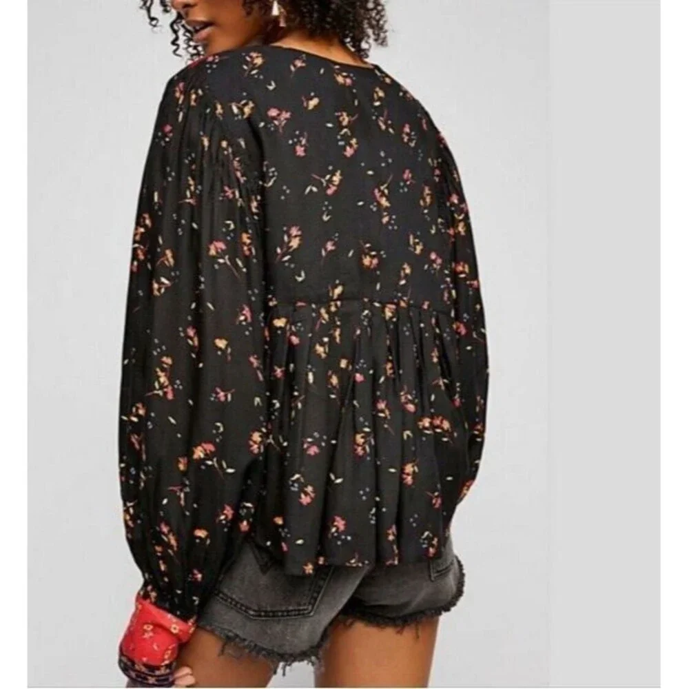 Free People Lady Lou Peasant Blouse Embroidered High Low V Neck Top Floral M